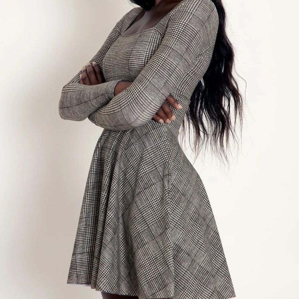 Blackmilk - Tweed Mono Squared Up Mini Skater Dress - Limited - Picture 2 of 8